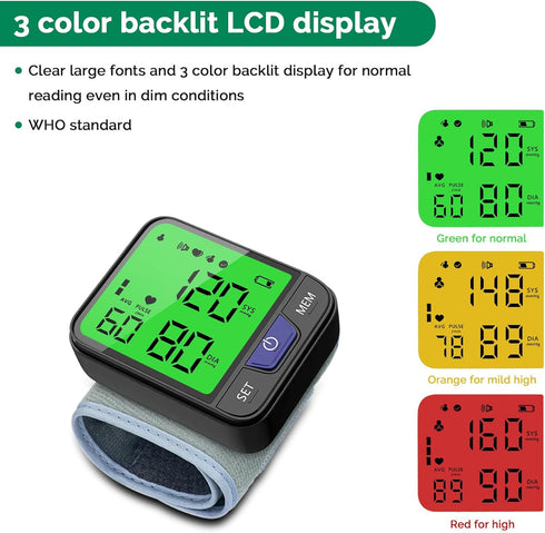 Automatic Wrist Blood Pressure Monitor with Voice, Digital 3 Color Backlit LCD Display, 240 Readings for Dual Users
