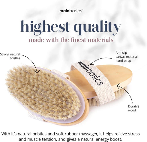 MainBasics Dry Brushing Body Brush for Lymphatic Drainage, Cellulite, Blood Circulation with Natural Bristles