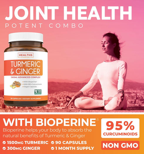 Turmeric and Ginger Supplement (Non-GMO), 90 Capsules - 1980mg Serving, Joint Support with Black Pepper