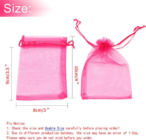 100Pcs Organza Bags, 3x4 inches Sheer Jewelry Bags, Hot Pink Small Organza Gift Bags for Christmas Wedding Party Favor