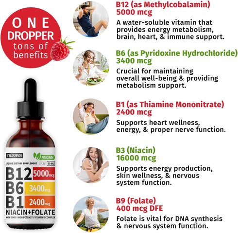 (2 Pack) Vitamin B12 Liquid Drops, Vegan B12 Sublingual 5000 mcg with Vitamin B6, Supports Energy, Brain & Heart with