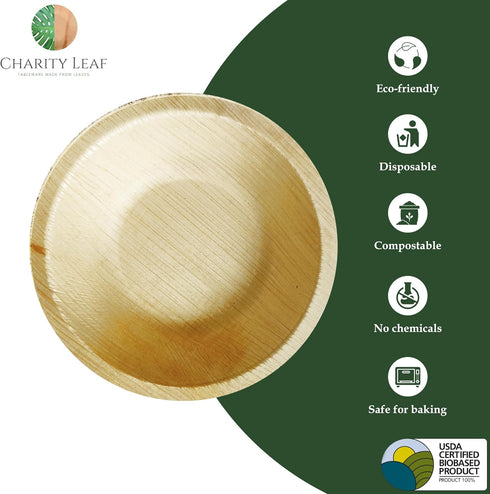 Disposable Palm Leaf 4" Round Bowl (50 pcs) Dipping Bowls | Bamboo Like| All Natural and Biodegradable | Charcuterie Boards, BBQs, and Parties by Charity Leaf