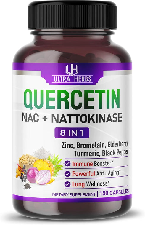 Quercetin Supplement with Bromelain, Vitamin C, Zinc, Nattokinase, NAC, Elderberry, 150 Capsules