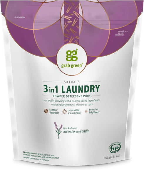 Grab Green 3-in-1 Laundry Detergent Pods, 60 Count, Lavender Vanilla Scent, Plant and Mineral Based