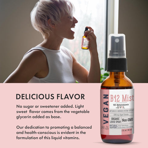 Organic Vegan Vitamin B12 Supplement Liquid Mist, 5,000mcg Methylcobalamin, Non-GMO, 240 Days Supply