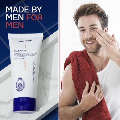SEVEN POTIONS Face Wash for Men 3.4 FL OZ, Gentle Facial Cleanser for All Skin Types, Natural, Vegan, Cruelty Free