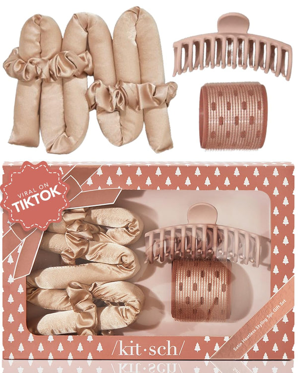 Kitsch Satin Heatless Hair Styling Gift Set - 5pc Satin Heatless Curling Set, Ceramic Thermal Hair Roller & Claw Clip