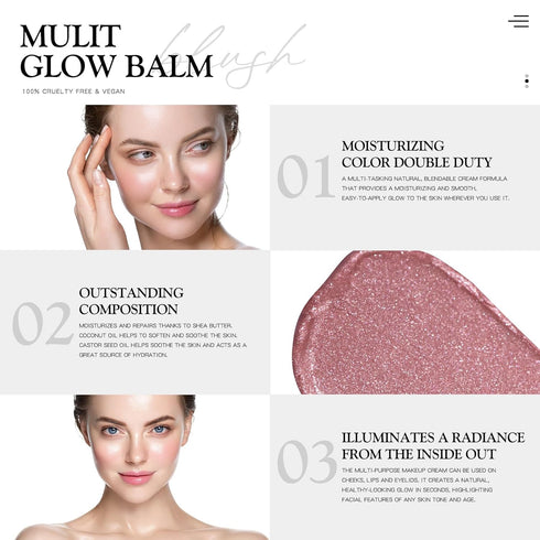 Mulit Glow Balm, Cream Blush for Cheeks, Blush Balm Face Makeup, Radiant Finish, Hydrating, Creamy, Lightweight & Blendable Color, Vegan Face Balm, 0.63 Oz (Pink Camellia)