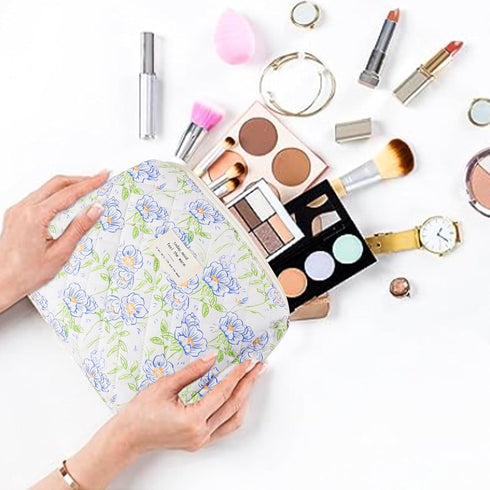 Quilted Cotton Cosmetic Bag, 2Pcs Large Makeup Pouch for Women, Aesthetic Floral Toiletry Bag Gift