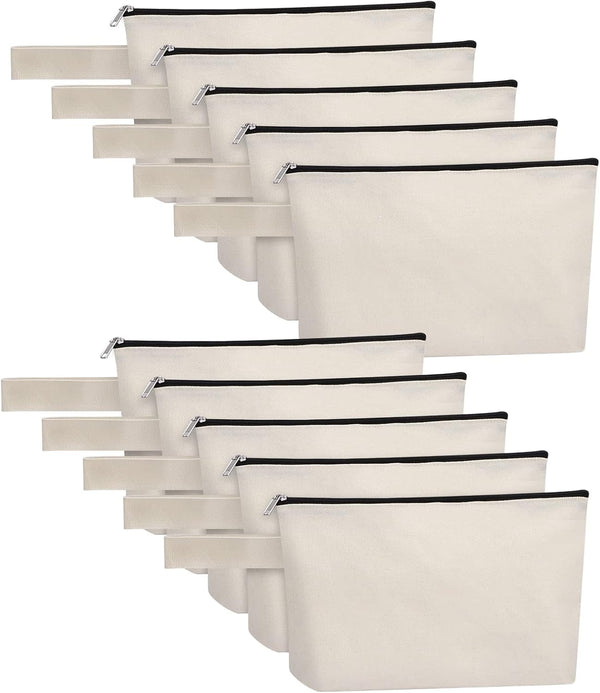 10 Pieces Cotton Canvas Makeup Bag, Multi-Purpose Zipper Travel Toiletry Pouch, White, XS