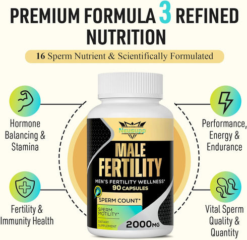 Fertility Supplements for Men, 90 Capsules with Maca Root, Zinc & Folate for Optimal Sperm Health
