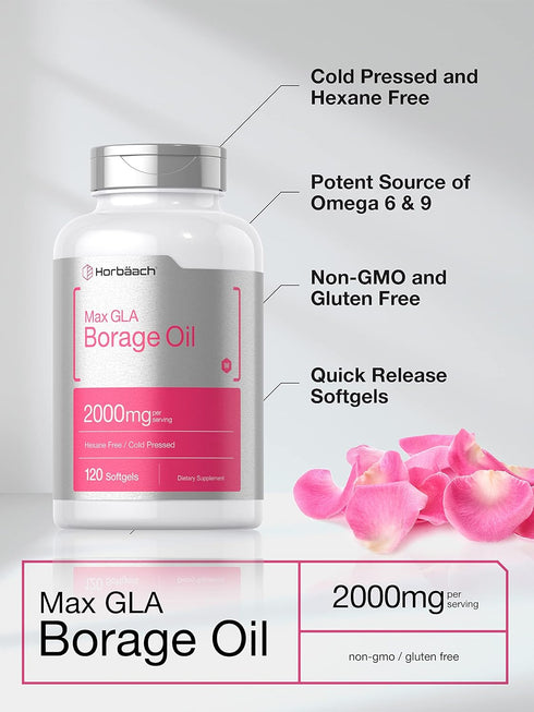 Horbaeach Borage Oil Capsules 2000 mg | 120 Softgels | Cold Pressed Seed Oil Supplement with 320mg of GLA