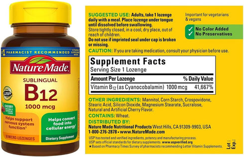 Nature Made B-12 1000 mcg Micro-Lozenges, Cherry Flavor, 50 ea (Pack of 2)