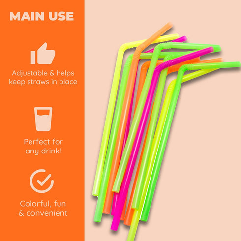 Jacent Flexible Disposable Drinking Straws, 125 Count Neon Bendy Plastic Straws for Summer Drinks & Crafts