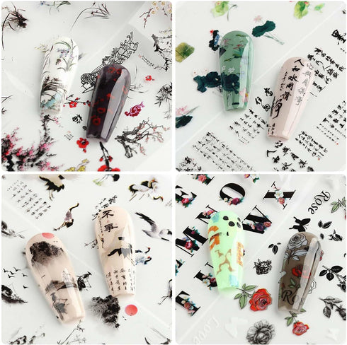 10 Rolls Traditional Chinese Style Nail Foil Transfer Stickers, Ink Painting Characters for Nail Art Decorations
