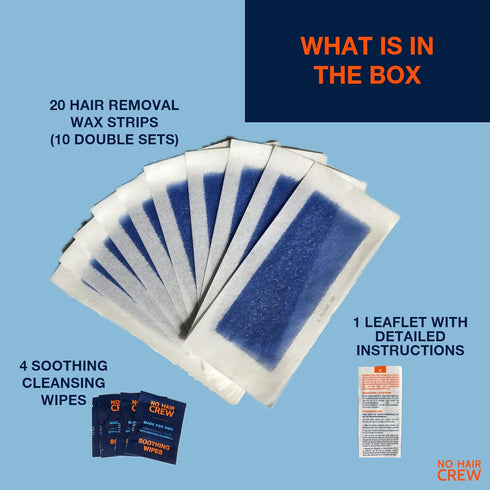 NO HAIR CREW Body Wax Strips, High Performance Wax Strips for Men, 20 Strips & 4 Cleansing Wipes