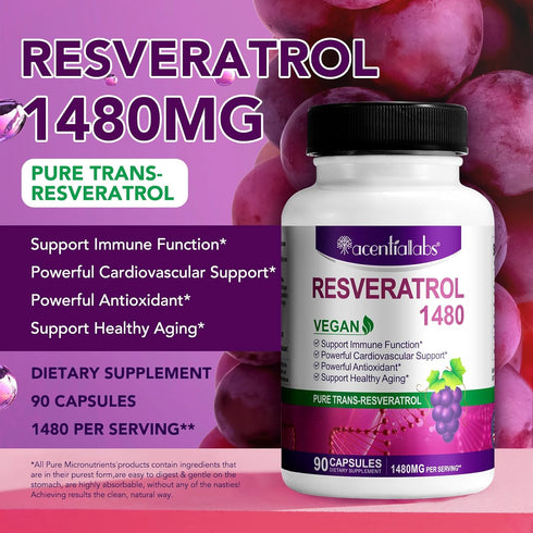 Resveratrol 1,480MG with Quercetin 90 Capsules - Vegan Trans-Resveratrol Antioxidants for Healthy Aging, Immune System, Cardiovascular & Joint Support - Improving Fatigue, Memory and Brain Function
