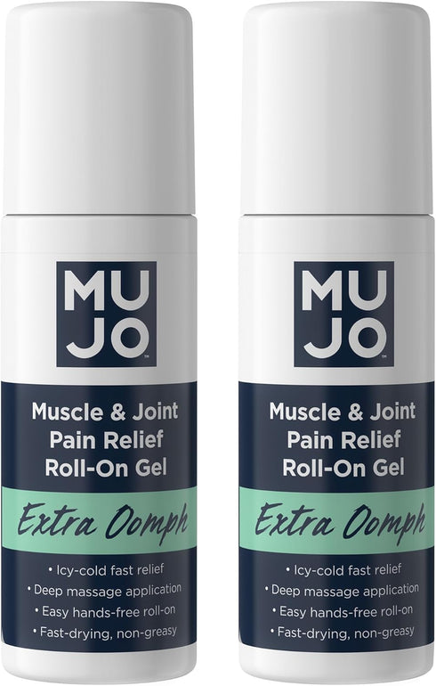 MUJO Extra Oomph Pain Relief Roll-On Gel, Fast-Acting Menthol with Organic Arnica, Aloe, Hemp for Muscles and Joints