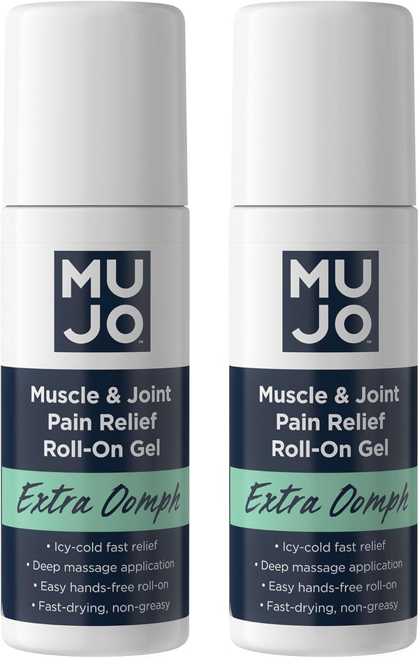 MUJO Extra Oomph Pain Relief Roll-On Gel, Fast-Acting Menthol with Organic Arnica, Aloe, Hemp for Muscles and Joints