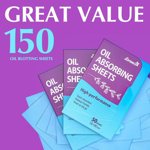 3 Pack Premium Oil Absorbing Sheets for Face - 150 Sheets Makeup Friendly Blotting Papers for Oily Skin