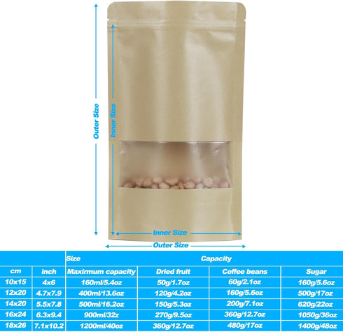 100 Pcs Resealable Kraft Paper Bags, Stand Up Pouches with Matte Window, Zip Lock Food Storage Bags (Kraft Paper,