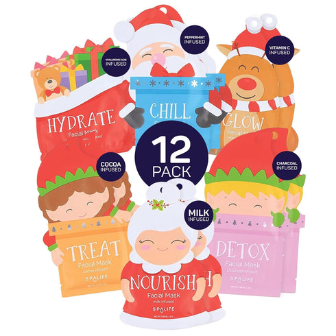 SpaLife Santa's Squad Hydrating Facial Masks, 12 Pack for Moisturizing and Soothing Beauty