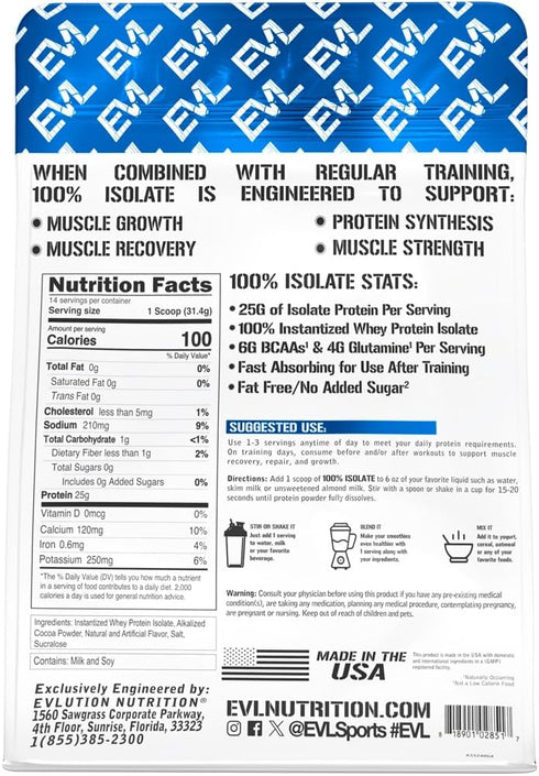 Evlution Nutrition 100% Isolate Whey Protein Powder, 1 LB, Double Rich Chocolate, 25 G Fast Absorbing Protein, No Sugar