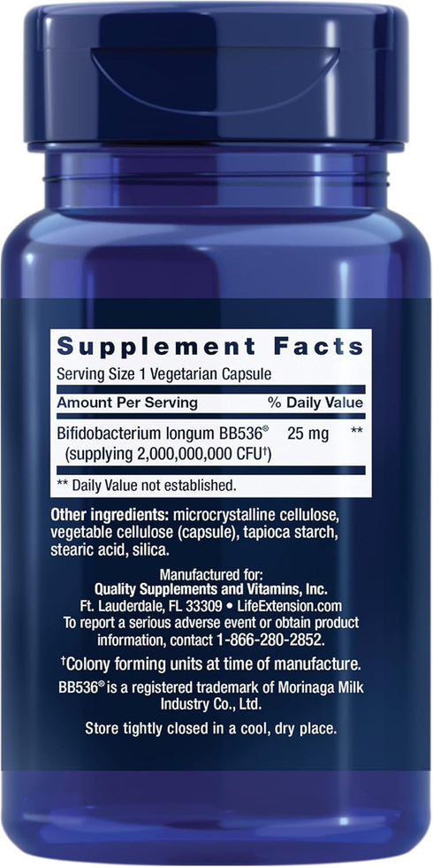 Life Extension Bifido GI Balance - Probiotics Bifidobacterium Longum BB536 (2 Billion CFU) Supplement – Support Healthy Gut & Digestive Health – Gluten-Free, Vegetarian – 60 Capsules