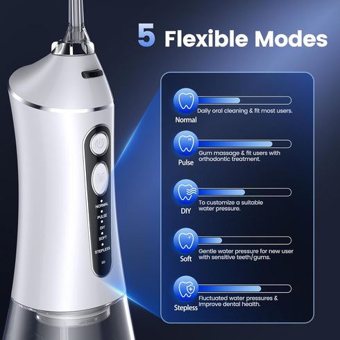 Reure 5 320ml IPX7 Water Flosser for Teeth Cleaning and Flossing, Modes Rechargeable Cordless Oral Irrigator Water Tank