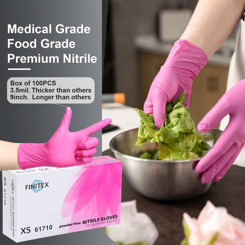 FINITEX Pink Nitrile Disposable Latex Free Gloves - 3.5mil 100PCS Powder Free Latex Free Cleaning Medical Exam Food Gloves