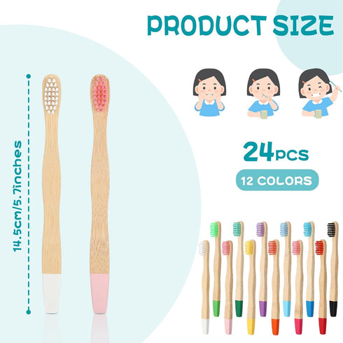 24 Pcs Kids Bamboo Toothbrushes Soft Bristles BPA Free Wood Toothbrush Bulk Colorful Wooden Handles Children's Toothbrush for Toddler Home Travel Teeth Oral Dental Care Individually Wrapped, 5.7 Inch