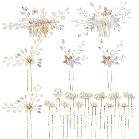 inSowni 18 Pack Gold Flower Bridal Wedding Hair Side Combs, U-shaped Pearls Hair Pins Accessories for Bridesmaids