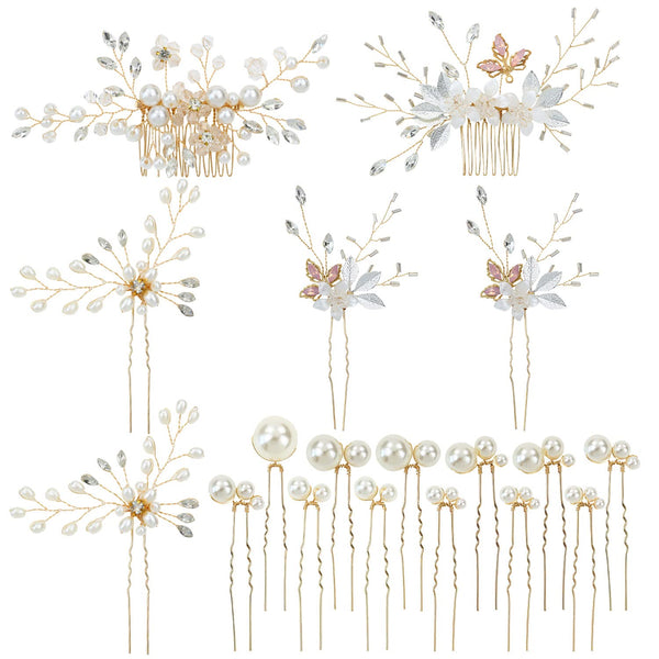 inSowni 18 Pack Gold Flower Bridal Wedding Hair Side Combs, U-shaped Pearls Hair Pins Accessories for Bridesmaids