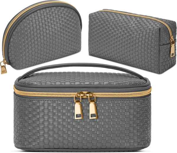 KTMOUW 3 Pcs Waterproof Makeup Bag Set | Portable Travel Cosmetic Organizer Storage Bag for Women, Grey