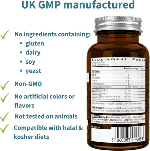 Pure & Essential Omega-3 & D3, 60 Softgels - 1000iu, Fast-Acting rTG for Eyes, Heart & Brain Function