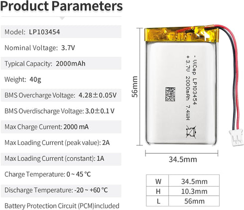 ViCep 3.7V 2000mAh 103454 JST-PHR-02 2-Pin Lithium Polymer Battery Rechargeable with Wires and Connector for Bluetooth
