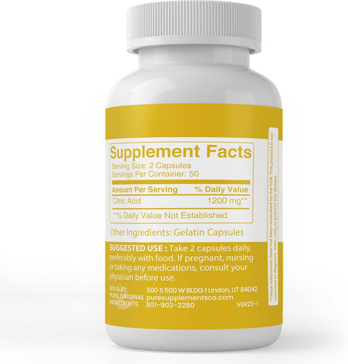 PURE ORIGINAL INGREDIENTS Citric Acid, 100 Capsules, Always Pure, No Additives