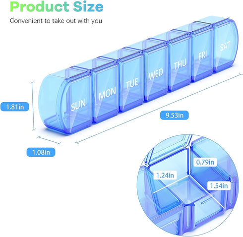 Extra Large Pill Organizer 2 Pack, XL Pill Box 7 Day Weekly Pill Case with Large Capacity, BPA Free (Blue+Green)