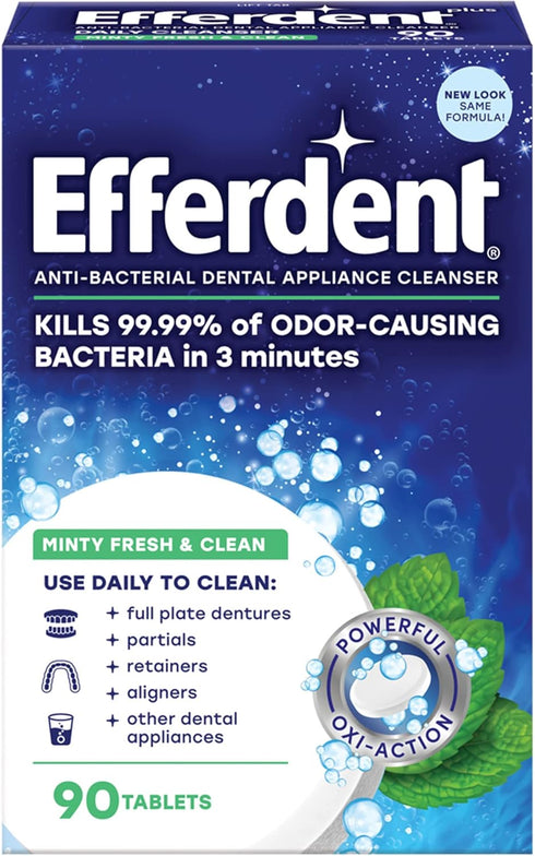 Efferdent Minty Fresh Denture Cleaner, Retainer Cleaning Tablets for Aligners, Dentures, 90 Count