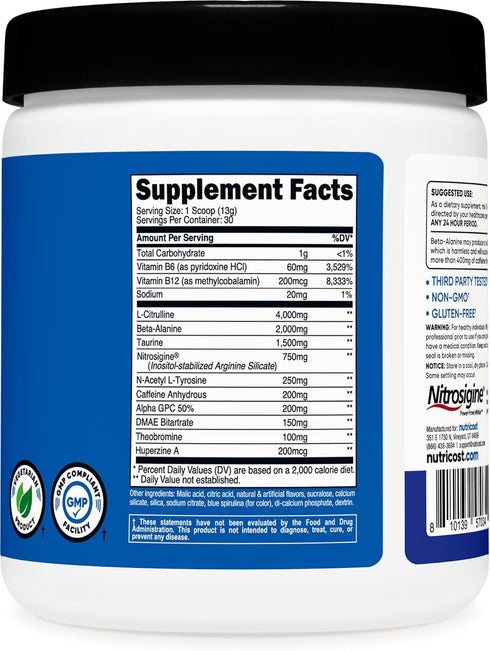 Nutricost Pre-Workout Complex Powder (30 Servings, Blue Raspberry) - Supplement with Beta-Alanine, Taurine & Amino Acids