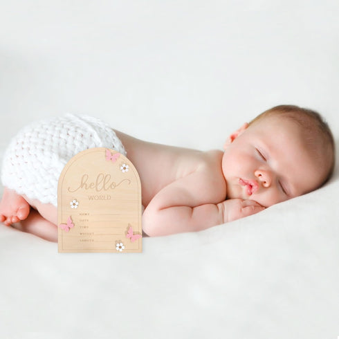 TERJIO Hello World Newborn Sign - Baby Announcement Sign for Baby Showers, Pink Butterfly Newborn Birth Announcement