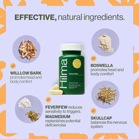Hilma Natural Tension Headache Relief - Supplements with Magnesium, Boswellia & Feverfew, 50 Vegan Capsules