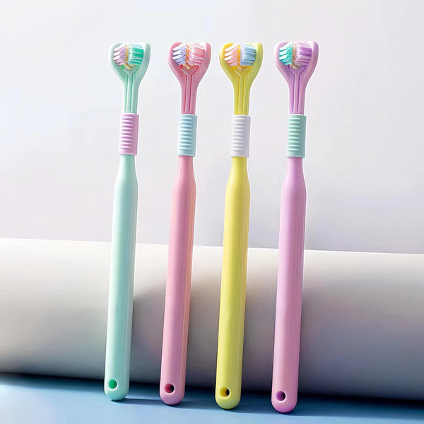 4-Piece Set of 3-Sided Toothbrush for Adults, Soft Bristle for Comprehensive Care, Youth & Teenagers (Pink, Yellow,