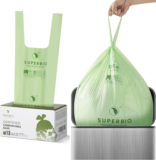 SUPERBIO 30 Count 13 Gallon Compostable Kitchen Waste Bags, Heavy Duty Food Scrap Bags Certified by BPI