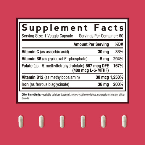 Doctor's Recipes Iron Supplement, with Vitamin C, B6, Folate & B12, Non-Constipating, Stomach Friendly, Gentle Iron Pills for Iron Deficiency, Blood & Energy Support, 60 Vegan Capsules