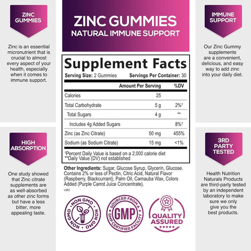 Zinc Immune Support Supplement 50mg, Max Strength Zinc Supplement Gummy for Radiant Skin & Immune Health Support for Adults, Nature’s Antioxidant Zinc Vitamins, Vegan, Non-GMO - 60 Gummies
