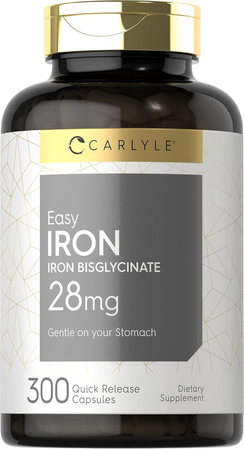Carlyle Easy Iron 28 mg, 300 Capsules, Non-GMO, Gluten Free, Gentle on Stomach Formula