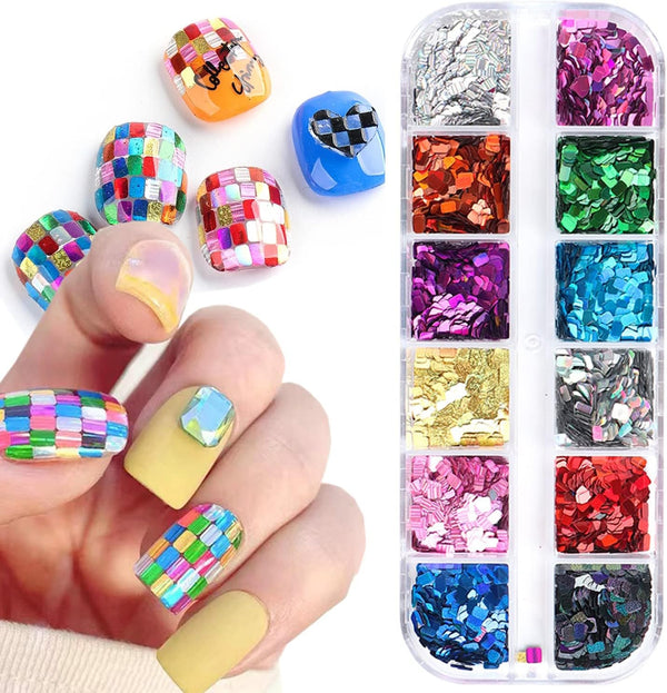 Square Glitter Nail Art Sequins, 12 Colors Rectangle Flakes for Women Girls Manicure Charms and DIY Nail Tips