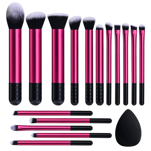 BS-MALL Makeup Brushes - 16 Pcs Purple Short Handle Travel Set with 1 Triangle Puff (HotPink)