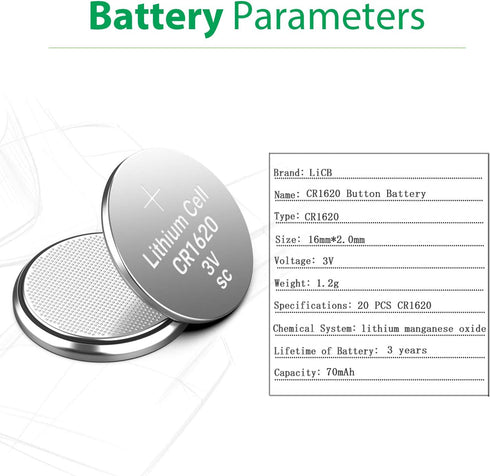 LiCB 20 Pack CR1620 Batteries, Long-Lasting High Capacity 3 Volt CR1620 Lithium Coin & Button Cell for Car Remote & Key